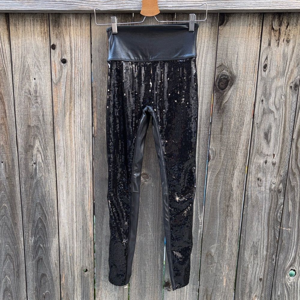 SPANX Sequined Faux-Leather Black Leggings Size XS